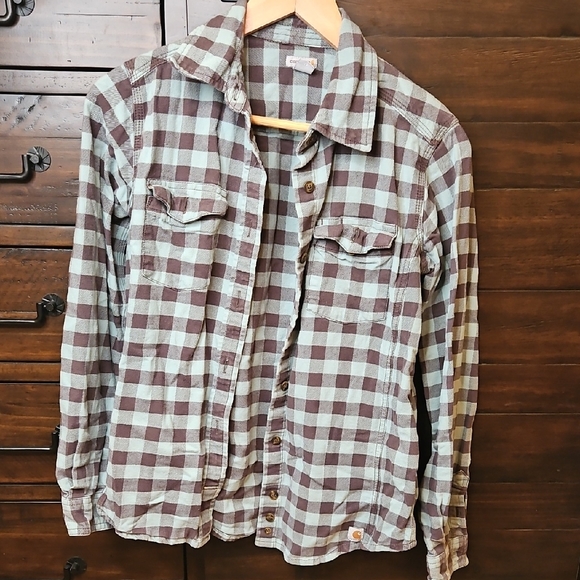 Carhartt Tops - Carhartt Brown and Light Blue Plaid Button-Up Shirt